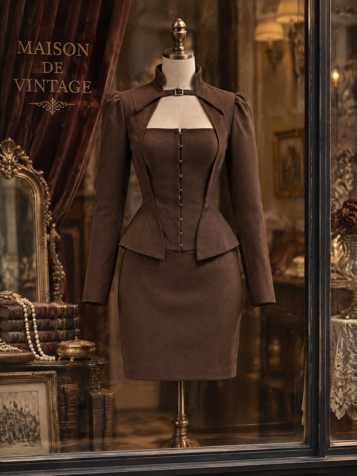Vintage Square Neck Waist Cinched Hook Button Mini Dress