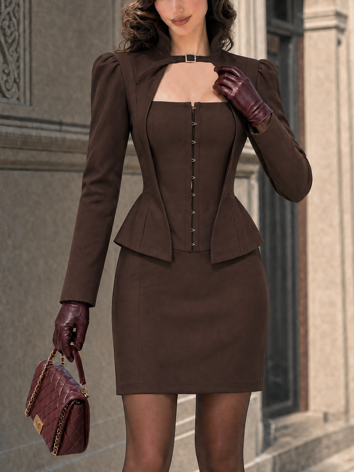 Vintage Square Neck Waist Cinched Hook Button Mini Dress