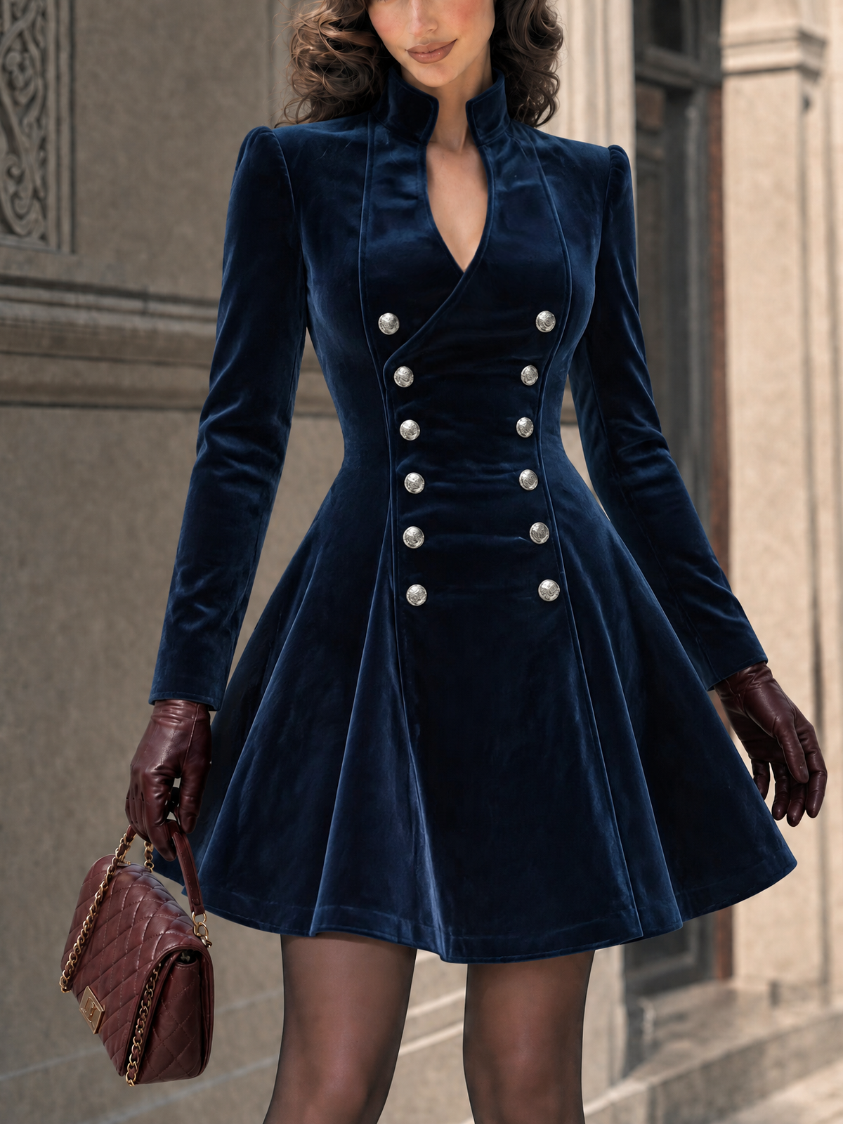 Vintage Velvet Double Breasted V-Neck Mini Dress
