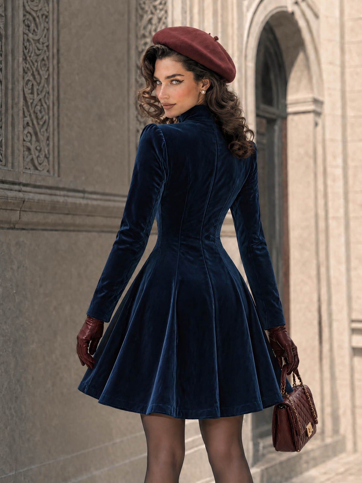 Vintage Velvet Double Breasted V-Neck Mini Dress