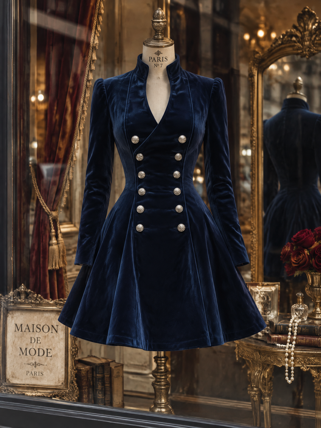 Vintage Velvet Double Breasted V-Neck Mini Dress