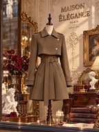Retro Cape Lapel Gold Button Belted A-line Wool Coat