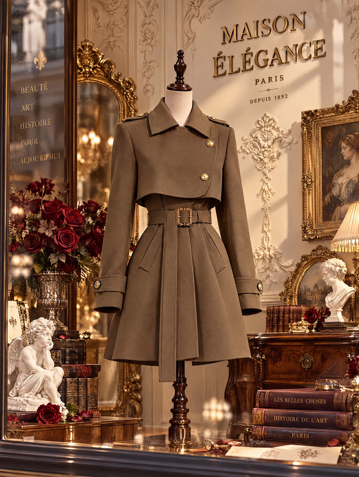 Retro Cape Lapel Gold Button Belted A-line Wool Coat