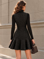 Vintage Black Tweed Pearl Button Flounce Dress Set