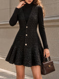 Vintage Black Tweed Pearl Button Flounce Dress Set