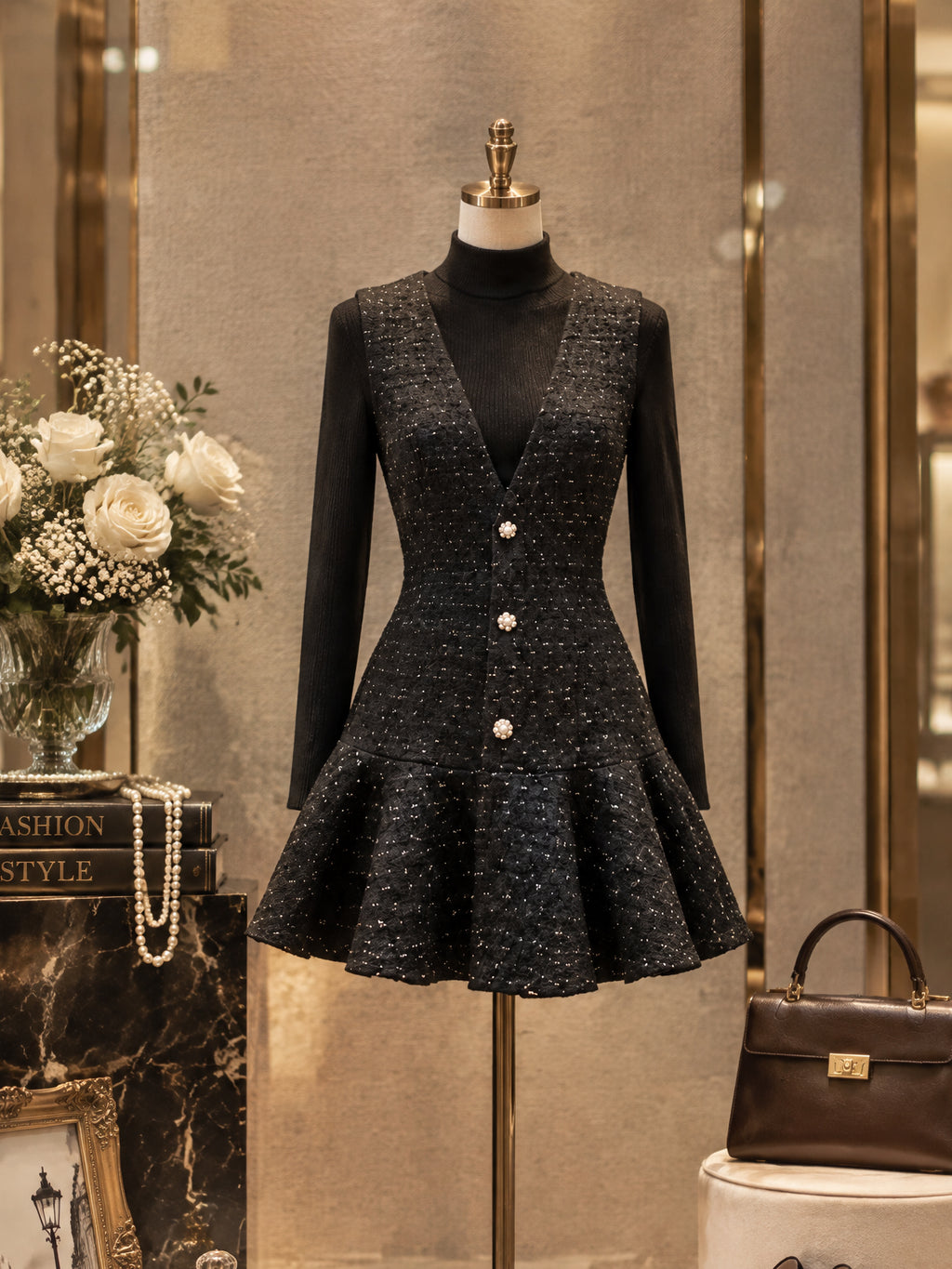Vintage Black Tweed Pearl Button Flounce Dress Set