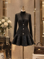 Vintage Black Tweed Pearl Button Flounce Dress Set