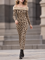Vintage Leopard Print Off Shoulder Maxi Dress