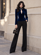 Vintage Blue Velvet Pearl High Neck Keyhole Peplum Blouse