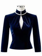 Vintage Blue Velvet Pearl High Neck Keyhole Peplum Blouse