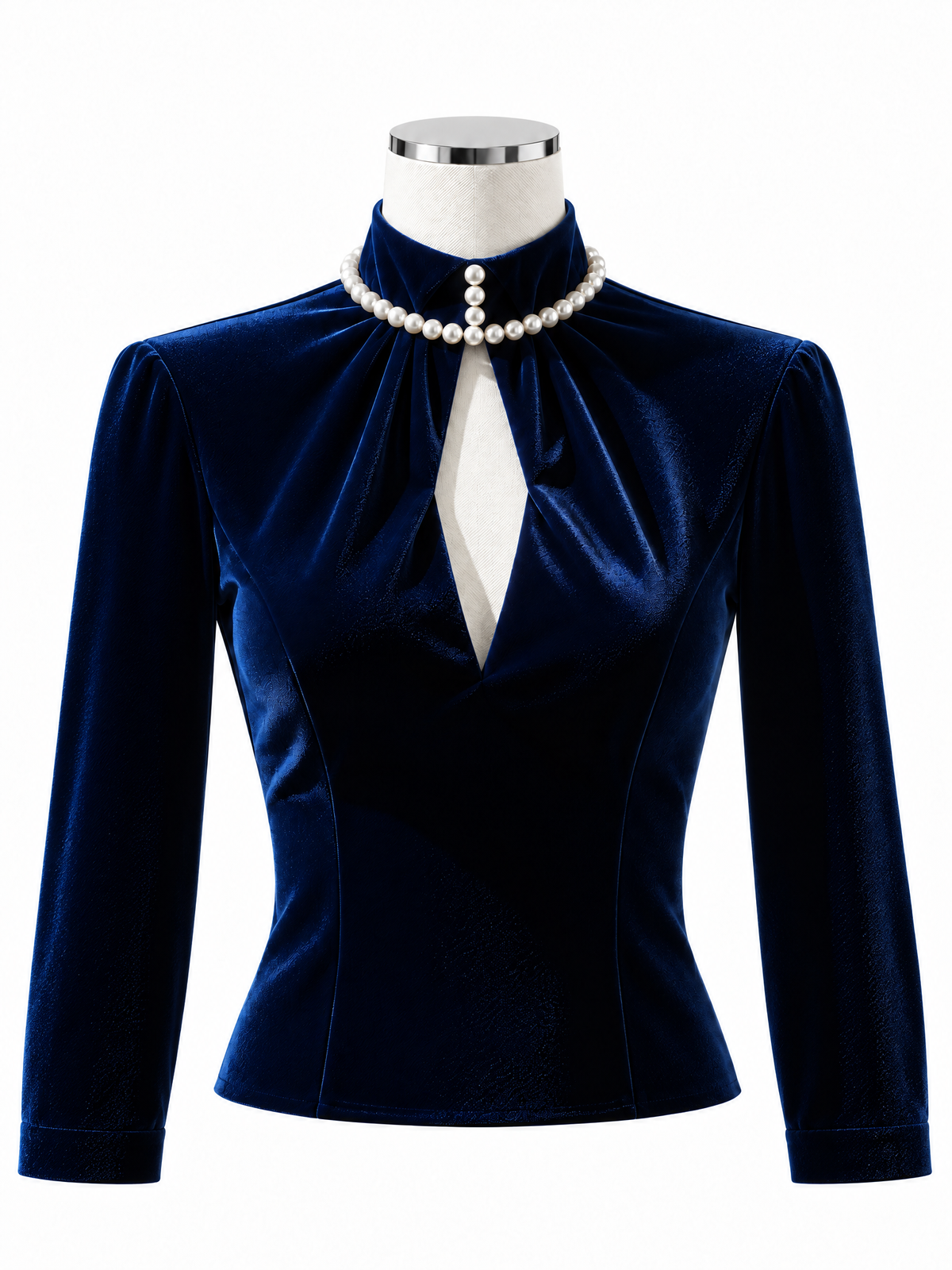 Vintage Blue Velvet Pearl High Neck Keyhole Peplum Blouse