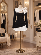 Vintage Contrast One Shoulder Bow Cutout Asymmetrical Mni Dress