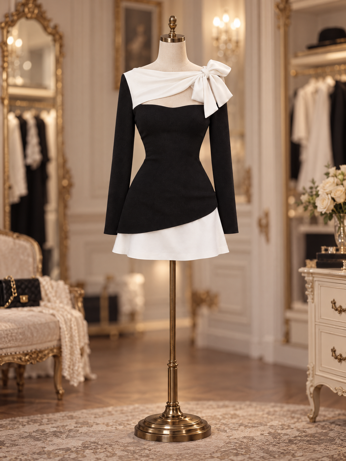 Vintage Contrast One Shoulder Bow Cutout Asymmetrical Mni Dress