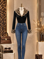 Vintage Leopard Faux Fur Collar Ribbed Knit Top
