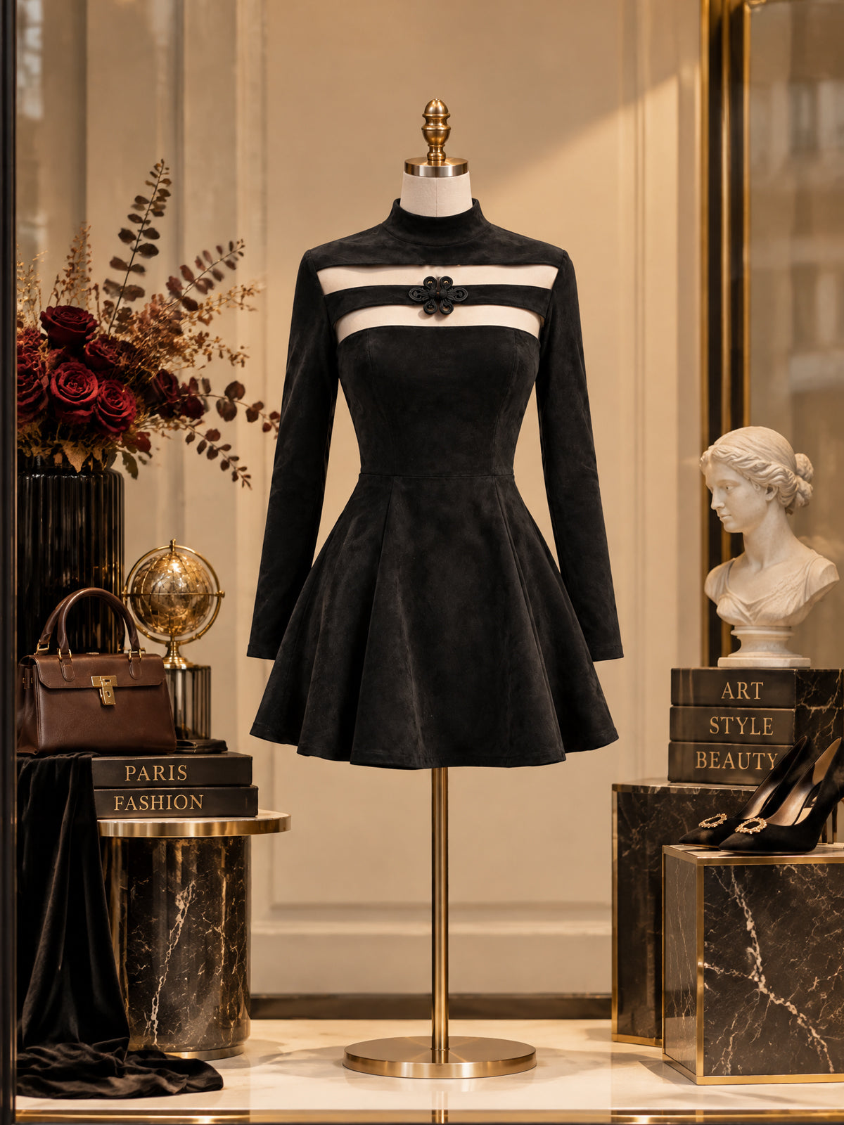 Vintage Black Suede Mesh Cutout Mini Mini Dress