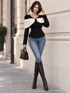 Vintage Large Bow Spliced V Neck Fitted Rib Knit Top