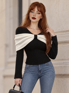Vintage Large Bow Spliced V Neck Fitted Rib Knit Top