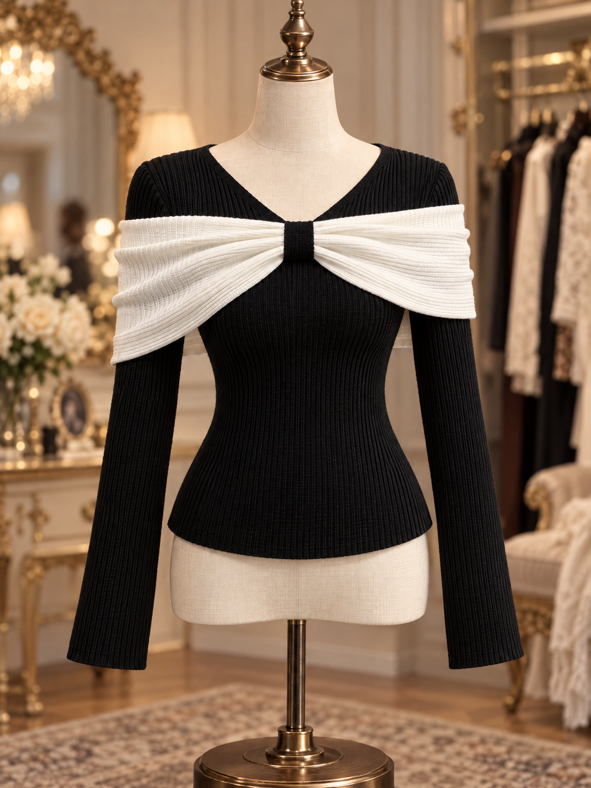 Vintage Large Bow Spliced V Neck Fitted Rib Knit Top