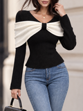 Vintage Large Bow Spliced V Neck Fitted Rib Knit Top