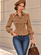 Vintage Camel Faux Suede Military Zip Jacket