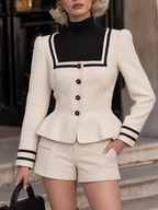 Vintage Faux Two-Piece Tweed Peplum Jacket Square Neck Gold Buttons Top