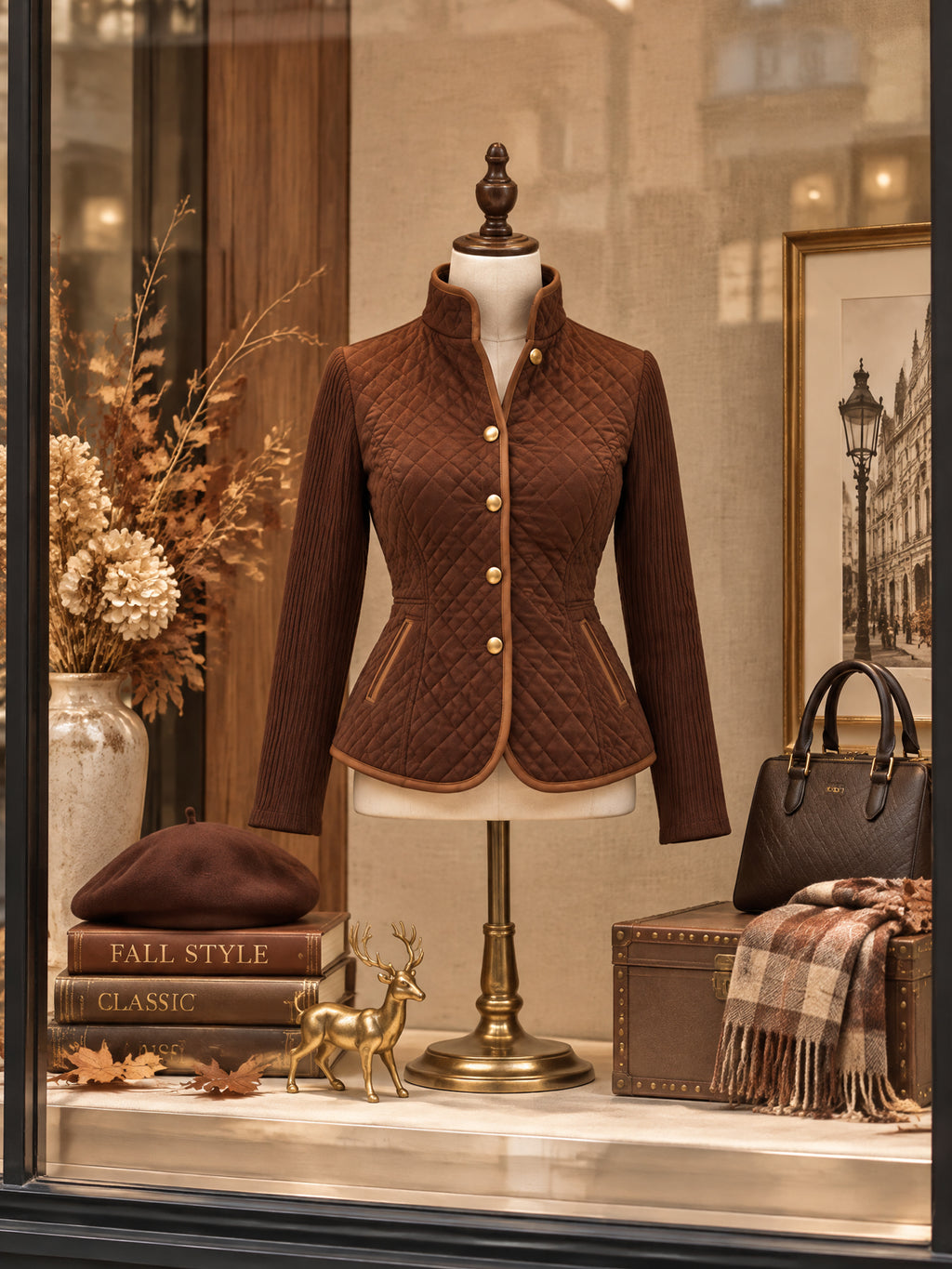 Vintage Brown Quilted Ribbed Sleeve Fitted Jacket