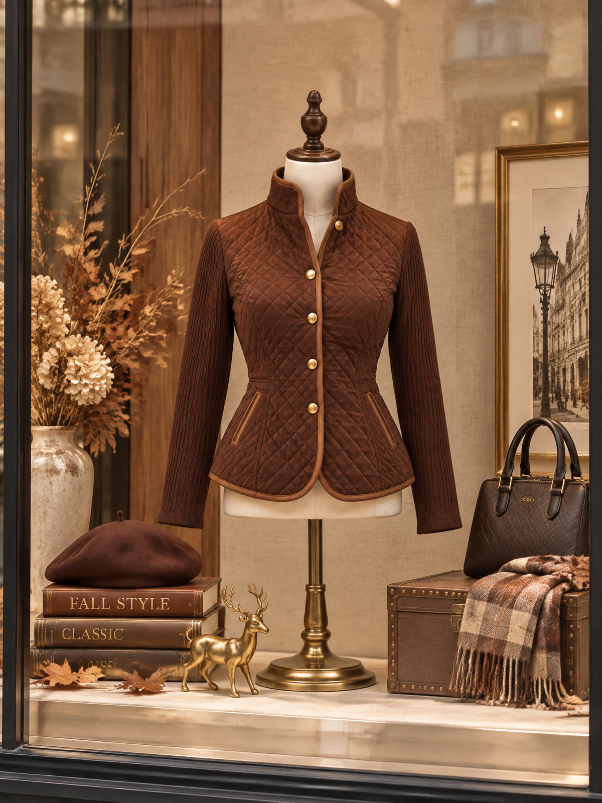 Vintage Brown Quilted Ribbed Sleeve Fitted Jacket