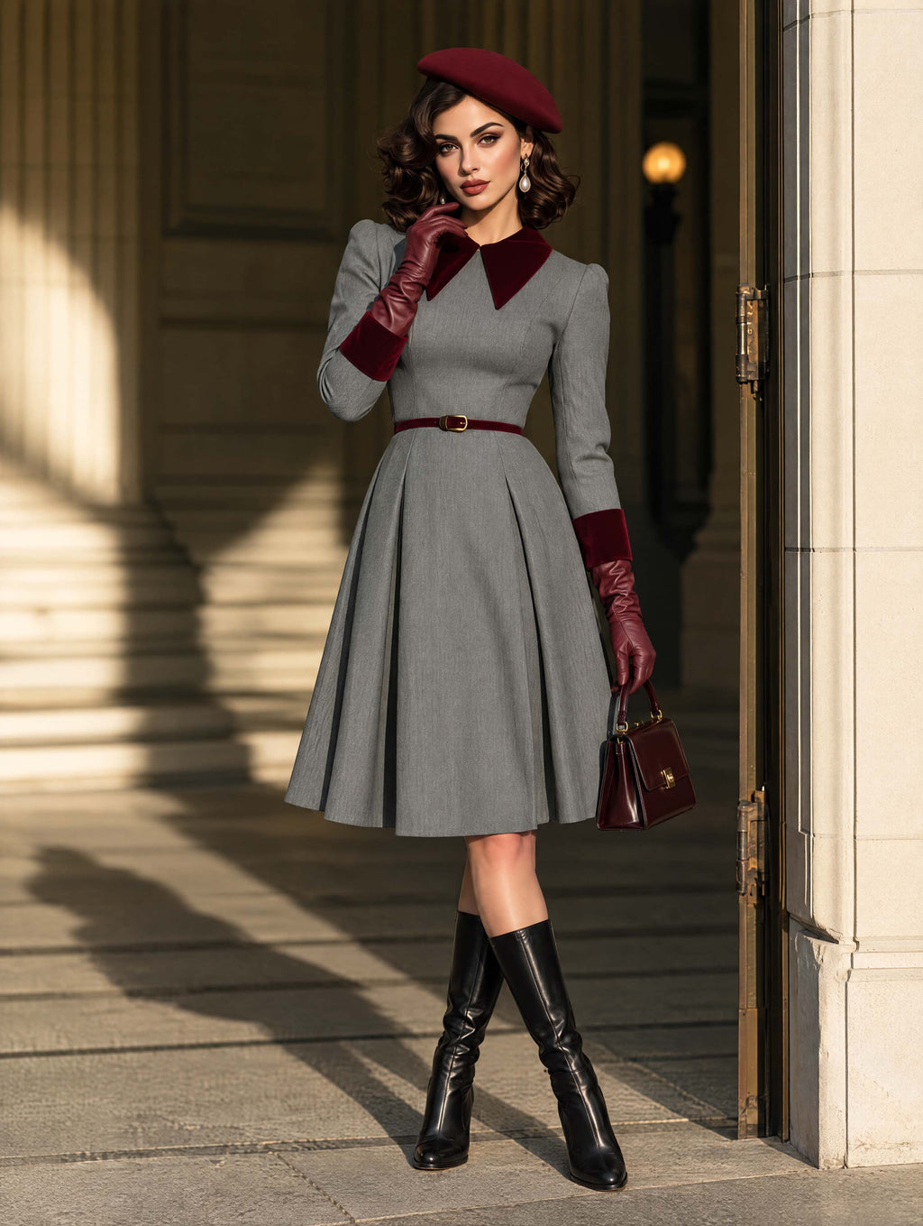 Vintage Velvet Collar Midi Dress