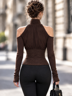 Vintage Off-Shoulder Spliced High Neck T-Shirt