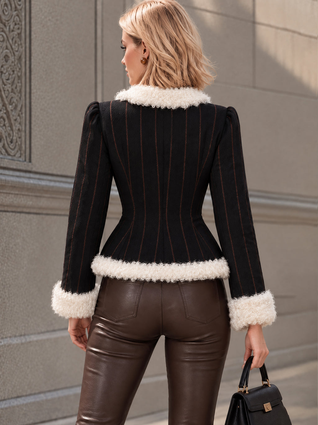 Vintage Black Pinstripe Sherpa Trim Fitted Jacket