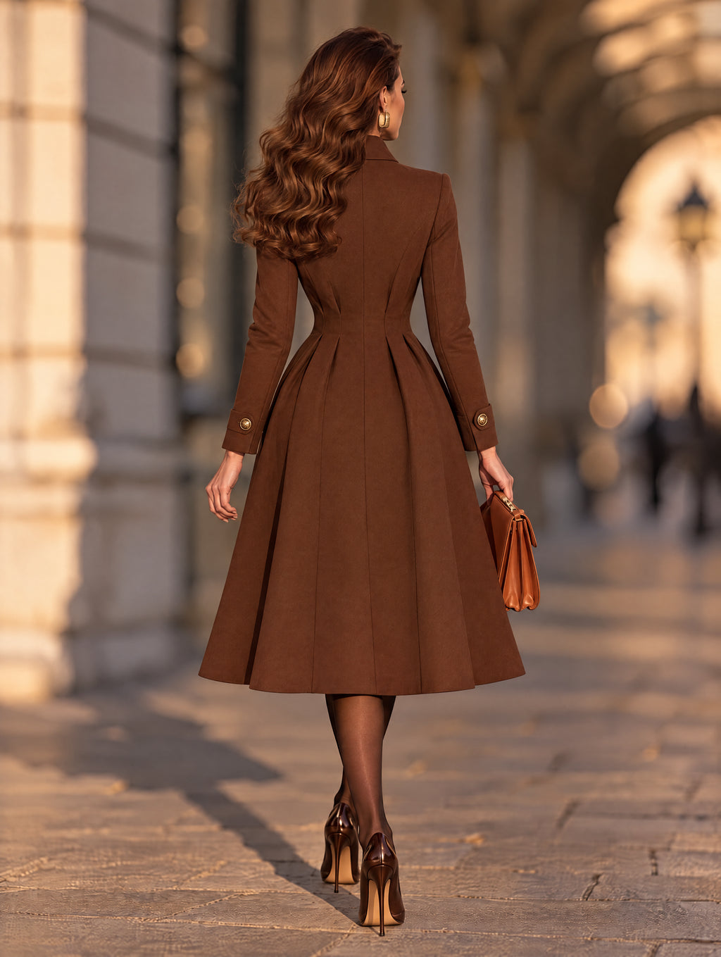 Vintage Waist Pleated Wool Look Midi Coat