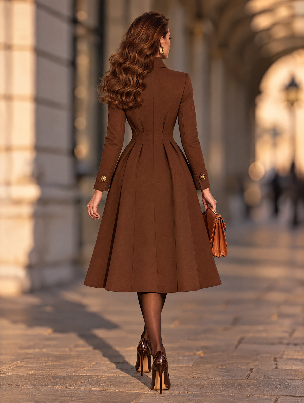 Vintage Waist Pleated Wool Look Midi Coat