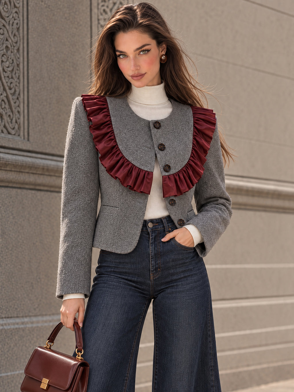 Vintage Grey Wool Blend Burgundy Ruffle Jacket