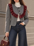 Vintage Grey Wool Blend Burgundy Ruffle Jacket