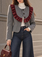 Vintage Grey Wool Blend Burgundy Ruffle Jacket