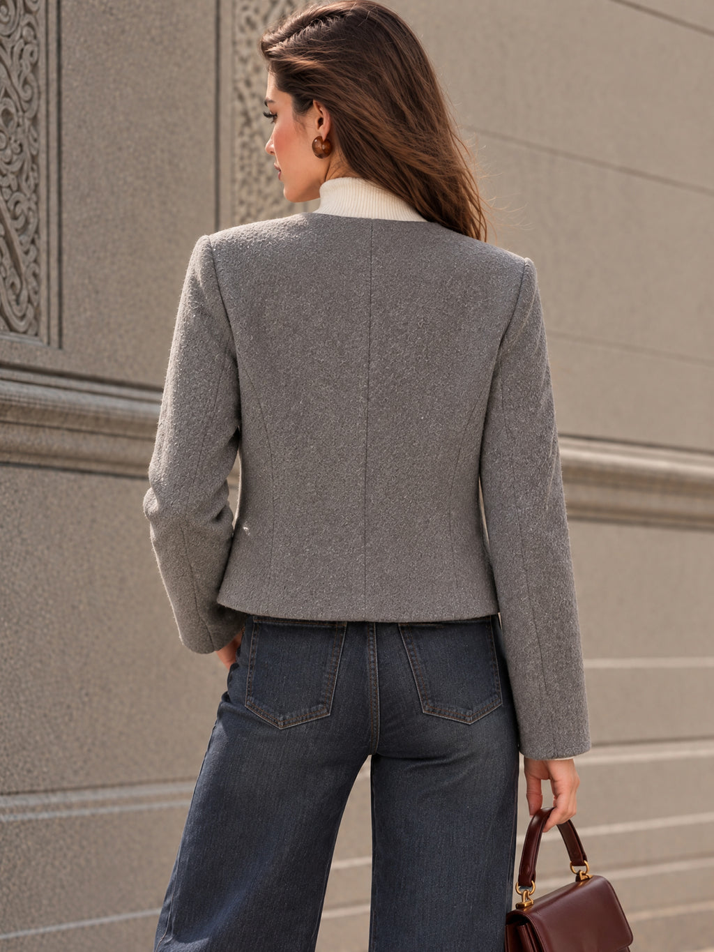 Vintage Grey Wool Blend Burgundy Ruffle Jacket
