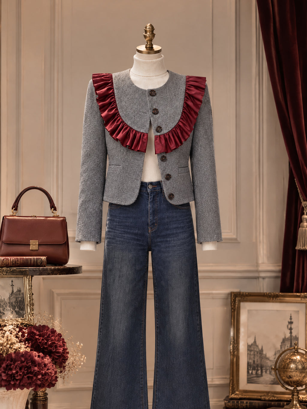 Vintage Grey Wool Blend Burgundy Ruffle Jacket
