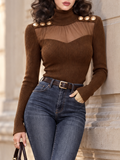 Vintage Brown Mesh Panel Turtleneck Gold Button Cable Knit Top
