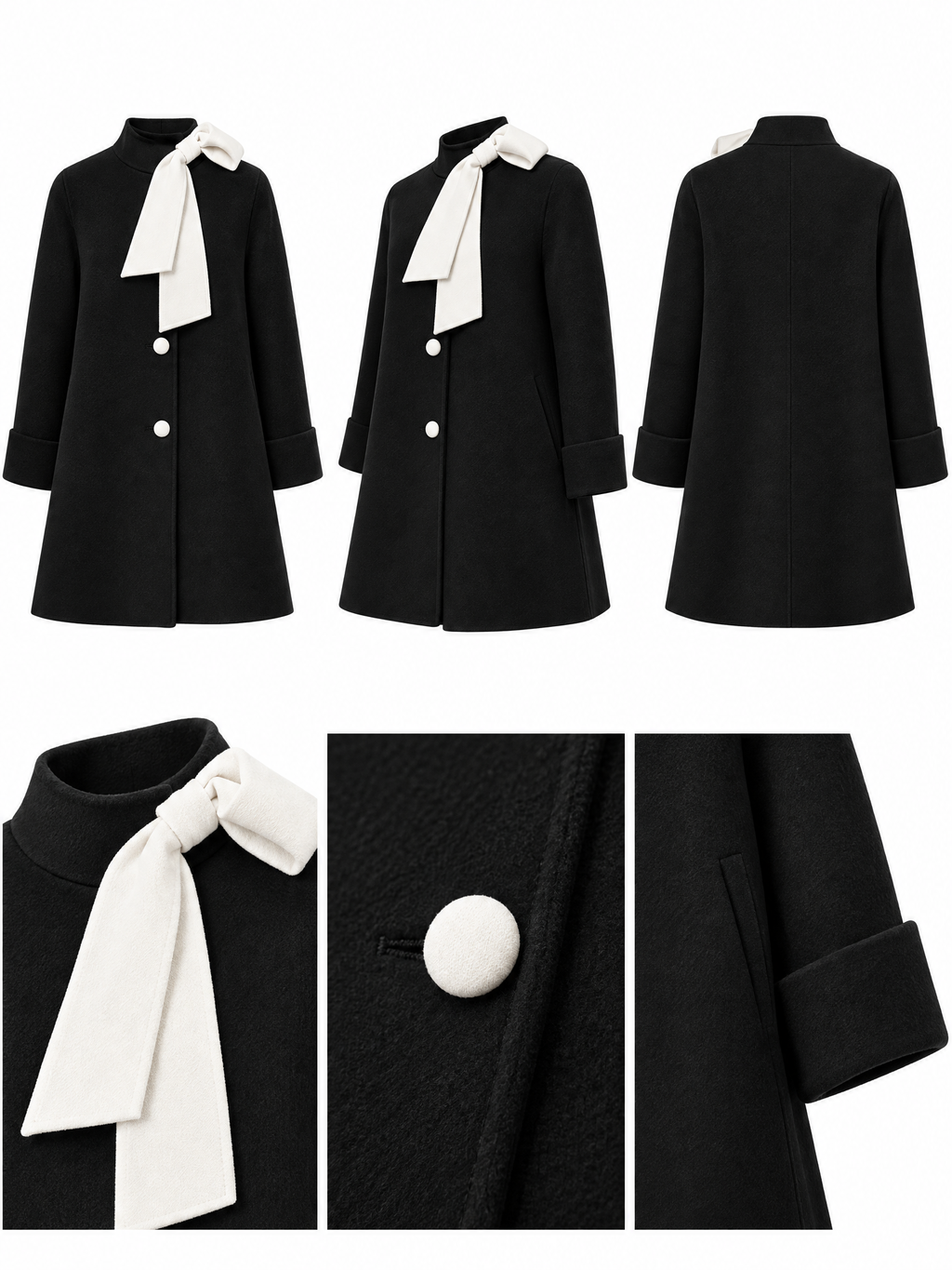 Vintage Wool Blend Contrast Bow Stand Collar Single Breasted Coat