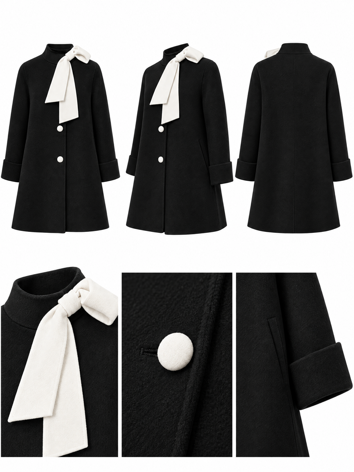 Vintage Wool Blend Contrast Bow Stand Collar Single Breasted Coat
