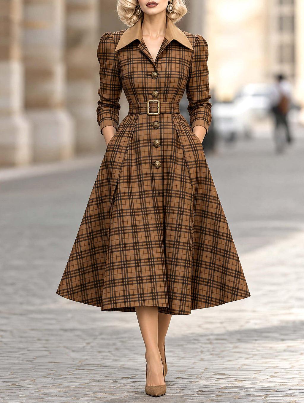 Vintage Plaid Belted Midi Coat