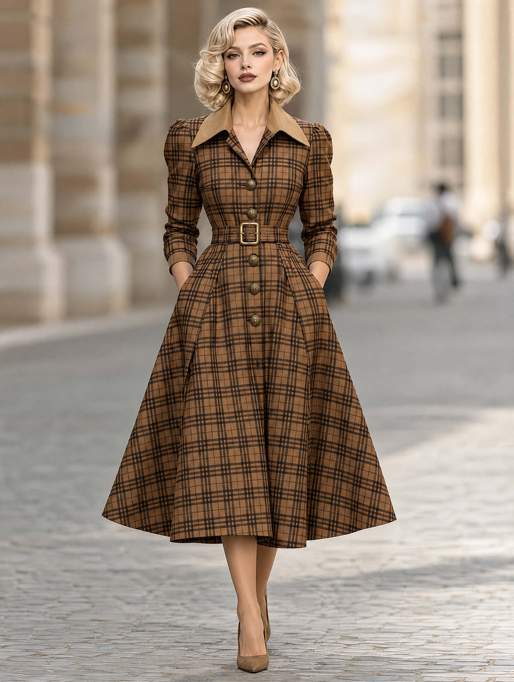 Vintage Plaid Belted Midi Coat