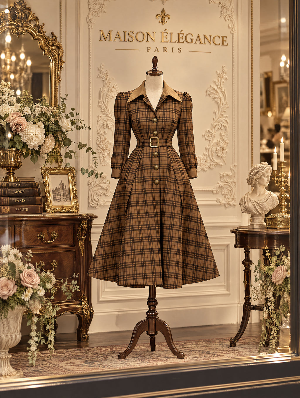 Vintage Plaid Belted Midi Coat