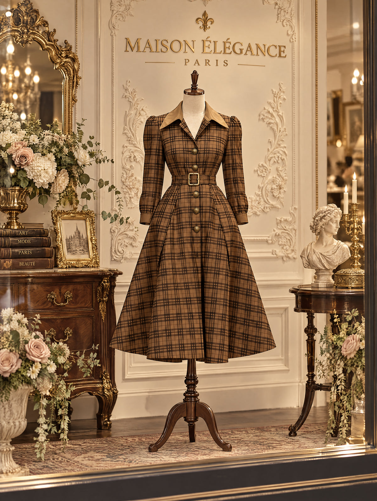 Vintage Plaid Belted Midi Coat