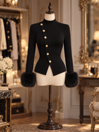 Vintage Black High Neck Slant Button Furry Cuff Slim Knit Blouse