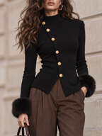 Vintage Black High Neck Slant Button Furry Cuff Slim Knit Blouse