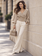 Vintage Lapel V Neck Lantern Sleeve Button Waist Knit Top