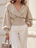Vintage Lapel V Neck Lantern Sleeve Button Waist Knit Top