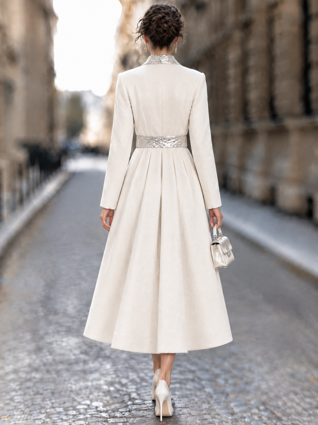 Vintage Sequin Patchwork Tie Belt Wool Coat