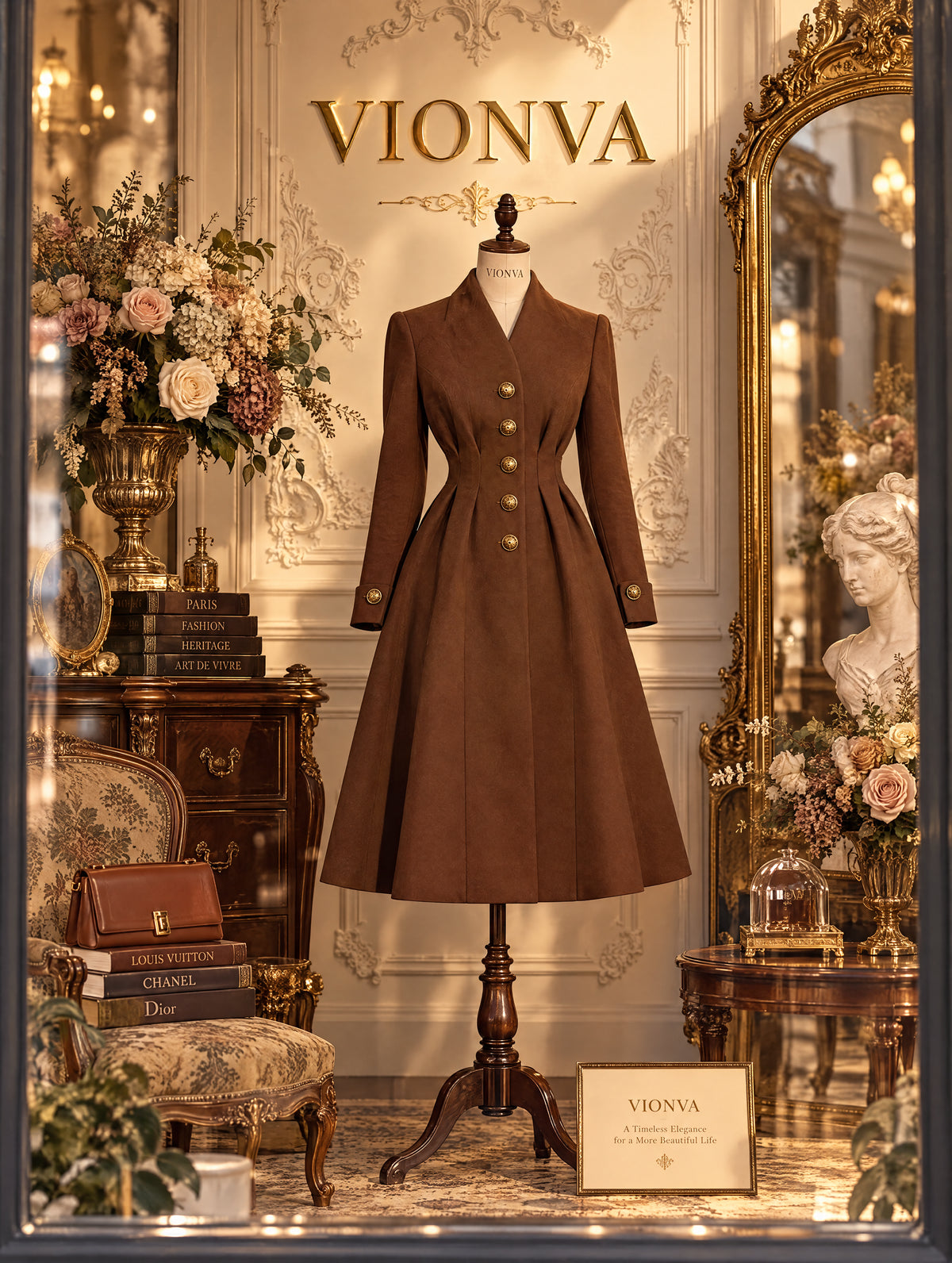 Vintage Waist Pleated Wool Look Midi Coat